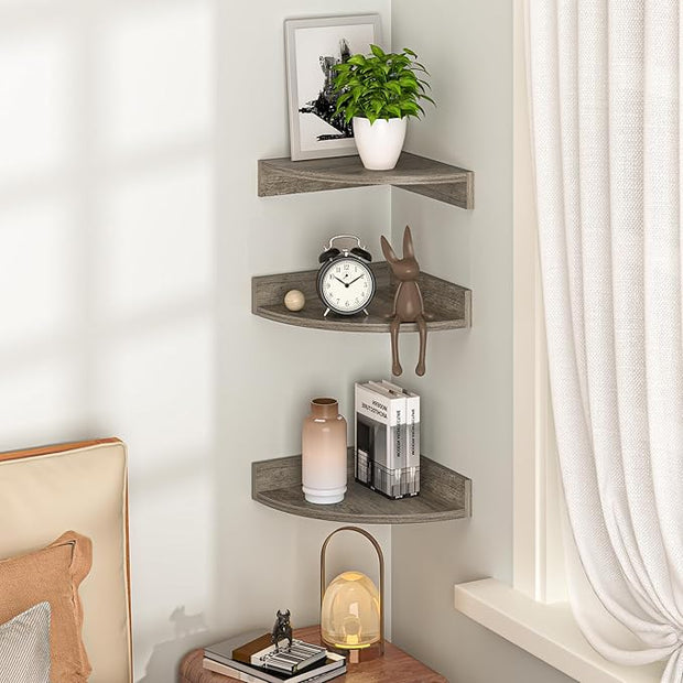 Fun Memories Corner Shelf Wall Mount, Wood Floating Corner Shelves,Corner Wall Shelf for Bedroom, Bathroom, Kitchen, Living Room (Grey, 3 Pack)