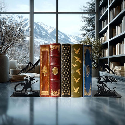 Dragon Bookends – Metal Book Ends Decorative for Shelves, Unique Fantasy Book Ends Holder, Cute Novelty Vintage Bookends, Bookshelf Decor Heavy Duty Stopper for Kids and Adults