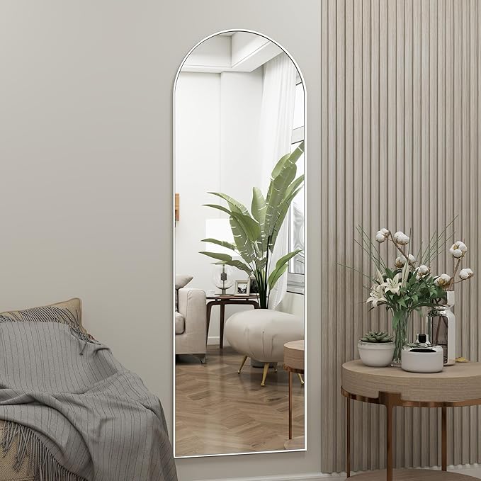 Arched Full Length Door Mirror 14x48, Metal Frame with Protective Film, No-Drilling Hanging or Wall Mount, Hooks & Hardware Included, Full Body Mirror for Bedroom, Dorm, White