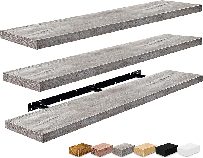 Sorbus Floating Shelves for Wall - 55 Inch Extra-Long Bathroom Shelves, Wall Decor for Bedroom, Kitchen, Living Room, Book Storage - Mounted Floating Shelf with Hidden Brackets (Gray, 3 Pack)