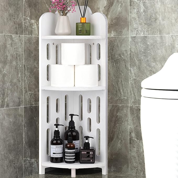 Meangood Bathroom Corner Shelf Stand, 3 Tier Solid Wood Display Shelf for Narrow Space, Shower Corner Shelf, Plant Stand Nightstand, for Living Room, Bedroom, Home Office, Elegant White