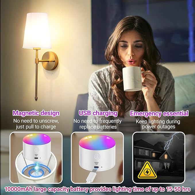 Battery Operated Wall Sconce Set of 2, Rechargeable Wall Sconce with 10000mAh Bulb and Remote, Up to 50 Hrs Use, RGB Dimmable Wireless Wall Lights for Living Room Bedroom Hallway
