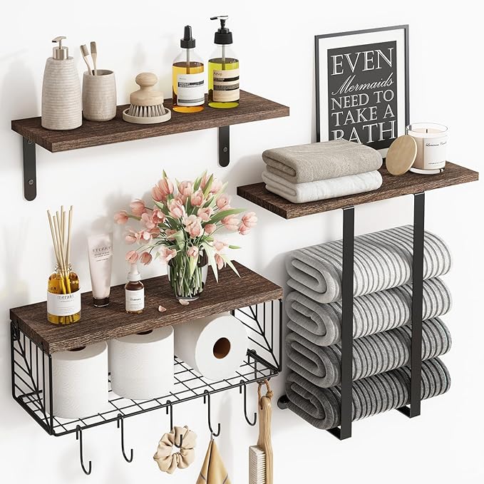 Fixwal Bathroom Floating Shelves Over Toilet Wall Shelves Set with Towel Storage Rack for Bathroom Organization & Wall Decor(Brown)