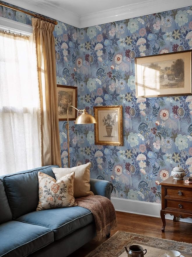 Ismoon Floral Peel and Stick Wallpaper Vintage Blue Contact Paper Jellyfish Ocean Stick on Wall Paper Removable Self Adhesive Vinyl Wallpaper for Bedroom Wall Decor Cabinet Refurbishment 17.3x78.7in