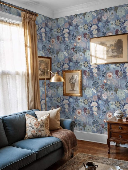 Ismoon Floral Peel and Stick Wallpaper Vintage Blue Contact Paper Jellyfish Ocean Stick on Wall Paper Removable Self Adhesive Vinyl Wallpaper for Bedroom Wall Decor Cabinet Refurbishment 17.3x78.7in