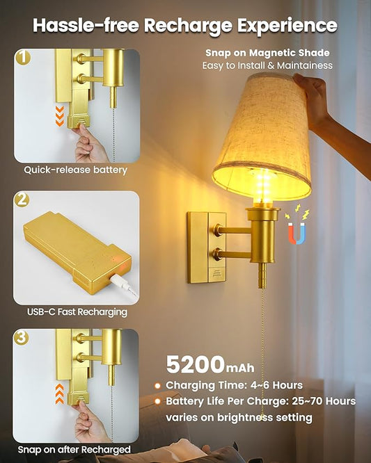Battery Operated Wall Sconce Lights for Bedroom Set of 2, Wireless Rechargeable LED Wall Lamp with Remote & On/Off Pull Chain, Wall Mount Lighting Fixtures for Living Room, Satin Gold