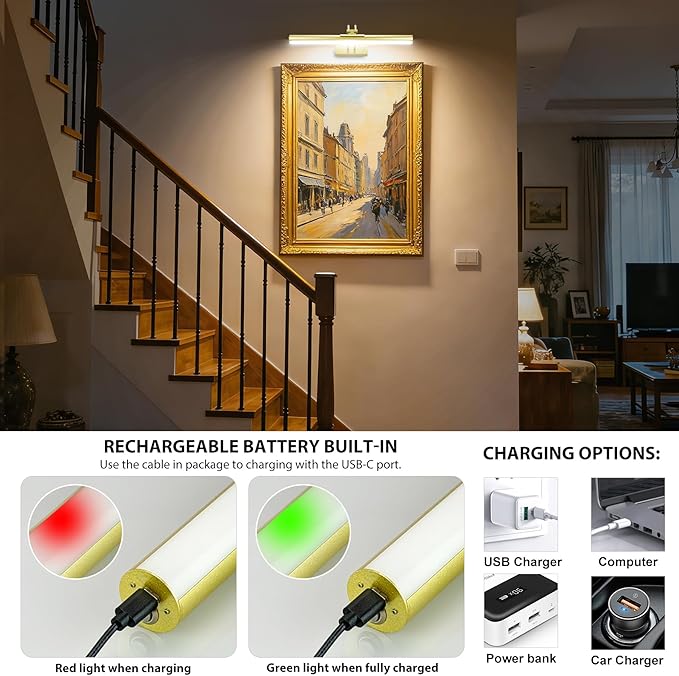Picture Light,Wireless Art Light Stick-On,Magnetic Wall Light,Battery Accent Light with Timer and Dimmable for Painting,Frame,Portrait,Artwork-Gold 16"
