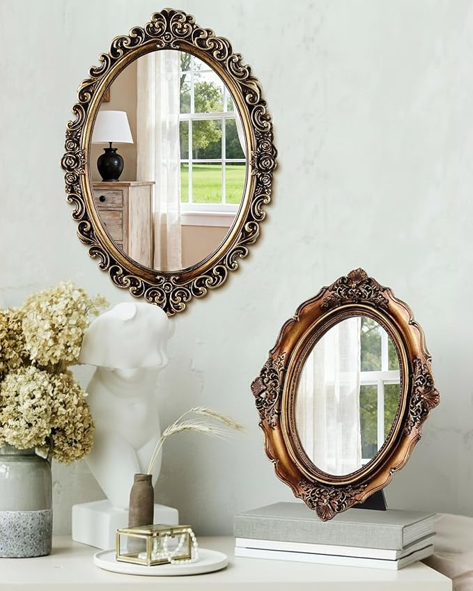 3 Styles Vintage Gold Mirror Set Wall Decorative, Vintage Wall Mirror Antique Hanging and Tabletop with Stand for Living Room Bedroom Dresser, Classic Home Wedding Decor(Retro Style)