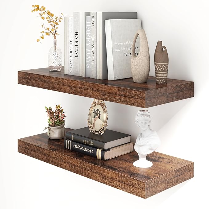 30 Inch Floating Shelves | 12 Inch Deep Brown Floating Shelves Set of 2 | 30