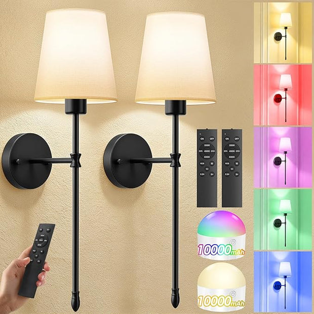 OCATO Battery Operated Wall Sconce: 10000mAh Wireless Wall Sconces Set of Two Rechargeable Lamp Dimmable Magnetic Lights with 7 RGB Colors and Remote Walls Decor for Bedroom Living Room Hallway