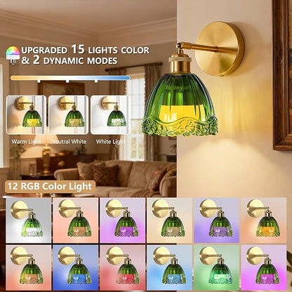 Vintage Battery Operated Wall Sconce with Green Flower Crown Glass Lampshade Rechargeable Battery Powered Wall Light with Remote Control for Bedside Bedroom Bathroom, Set of 2