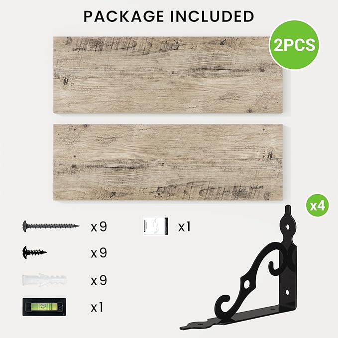 RICHFOCUS Floating Shelves for Wall Decor, 24Inch Shelves Set of 2, 24W x 8D Floating Shelves Wall Mounted with Metal Brackets, Rustic Wood Shelves for Living Room Bedroom Kitchen, Grey