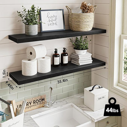 Fixwal Floating Shelves for Wall, 35" Long Heavy Duty Wall Mounted Rustic Wood Shelves for Living Room, Bedroom, Bathroom and Kitchen, Wall Shelves for Storage, Books, Room Decor (Black, Set of 2)