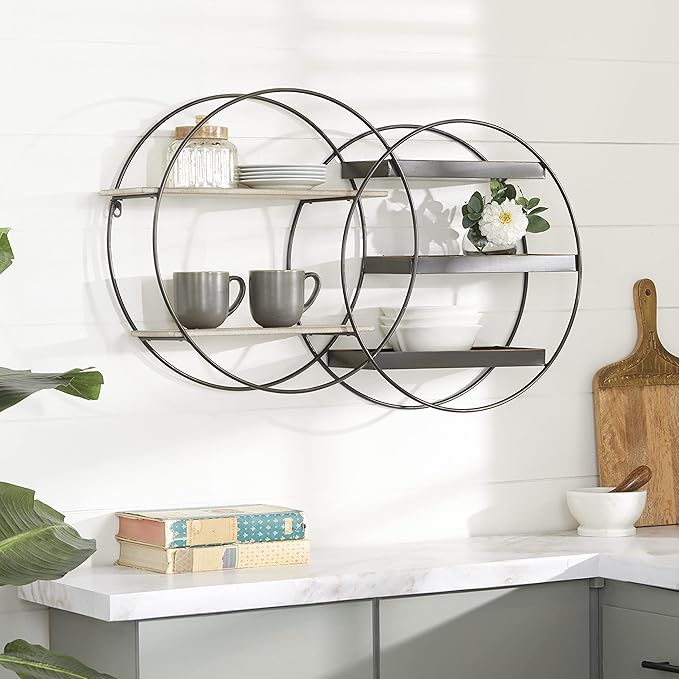 Deco 79 Metal Geometric Wall Shelf Overlapping Circle 5 Level with Wood Accents, 34" x 7" x 20", Black