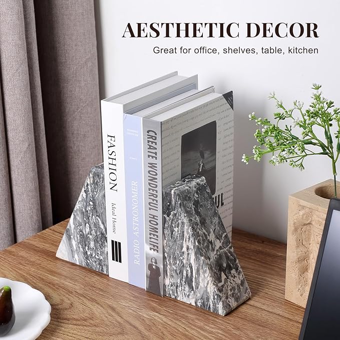 Koville Marble Bookends for Shelves, Large Bookends for Heavy Books, Natural Stone Book Stopper for Books CD Movies, Aesthetic Decorative Book Ends (Grey)