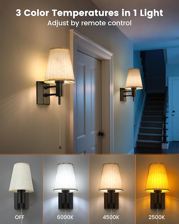 Rechargeable Battery Operated Wall Sconces Set of 2, Wireless LED Wall Lights with Remote & On/Off Pull Chain, Wall Mounted Lamp Lighting Fixture for Bedroom Living Room, Matte Black