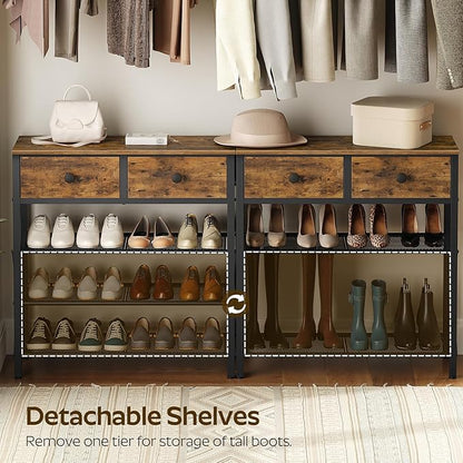 4 Tier Shoe Rack, Large Capacity Shoe Storage Organizer, Metal Shoe Shelf with Drawer and Wooden Top, for 16 Pairs of Shoes, for Entryway, Closet, Rustic Brown and Black SS24BR