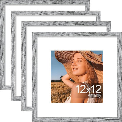 Vittanly 12x12 Picture Frames Set of 4, Display Pictures 8x8 with Mat or 12x12 without Mat, Gallery Frame for Wall Display, Engineered Wood with Shatter Resistant Plexiglass, Grey
