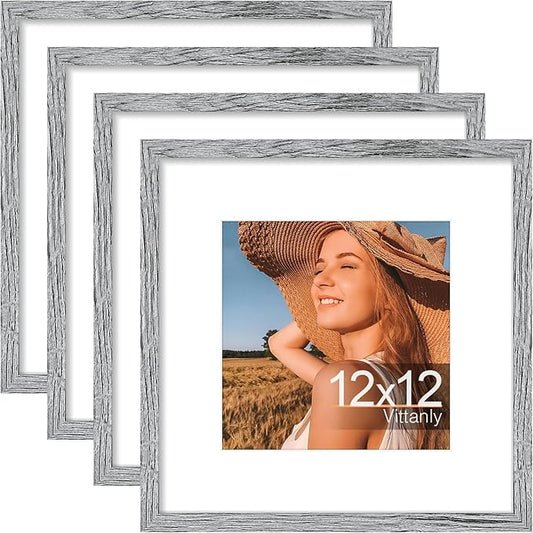 Vittanly 12x12 Picture Frames Set of 4, Display Pictures 8x8 with Mat or 12x12 without Mat, Gallery Frame for Wall Display, Engineered Wood with Shatter Resistant Plexiglass, Grey