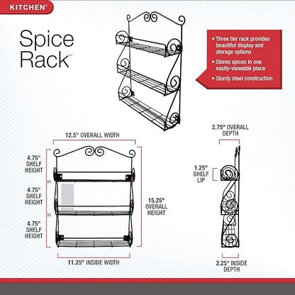 Spectrum Diversified Scroll Wall-Mounted Traditional Spice Rack Organizer for Cabinet & Kitchen, 3-Tier, Beauty & Nail Polish, 43710