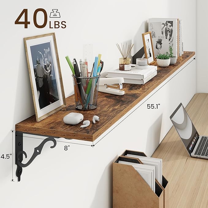 RICHFOCUS Floating Shelves for Wall Decor, 55.1W x 8D Shelf Set of 2, 8 Inch Deep Rustic Wood Shelves Wall Mounted with Brackets, Long Shelves for Living Room Bedroom Kitchen, Rustic Brown