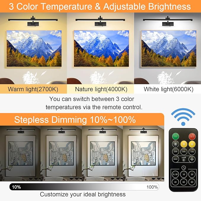 Picture Light Battery Operated with Remote, 3CCT Dimmable Picture Light for Paintings, Black Rechargeable 24 inch Battery Operated Wall Sconce for Art Lighting Gallery Portrait Artwork