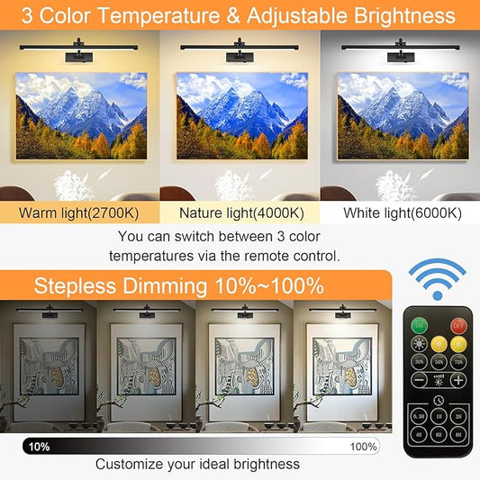 Picture Light Battery Operated with Remote, 3CCT Dimmable Picture Light for Paintings, Black Rechargeable 24 inch Battery Operated Wall Sconce for Art Lighting Gallery Portrait Artwork