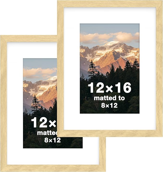 FrameWorks 2-Pack, 12x16 Matted to 8x12 Picture Frame, Natural Oak – Classic Wooden Photo Frame with Tempered Glass, Modern Matte Finish for Prints, Posters, Certificates & Wall Decor – Gallery-Ready