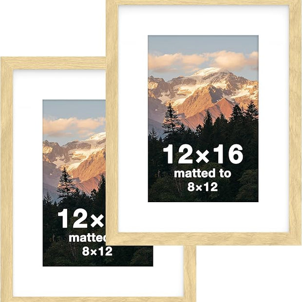 FrameWorks 2-Pack, 12x16 Matted to 8x12 Picture Frame, Natural Oak – Classic Wooden Photo Frame with Tempered Glass, Modern Matte Finish for Prints, Posters, Certificates & Wall Decor – Gallery-Ready