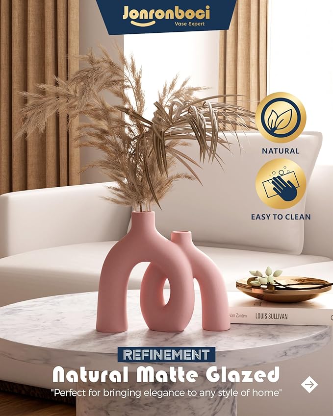 Hug Donut Decorative Vase Set - Light Pink Modern Glam Eclectic Style Vases Home Decor, Matte Ceramic Decorations for Living Room Shelf, Bookshelf Mantle Entryway Table or Console Décor(Pink)