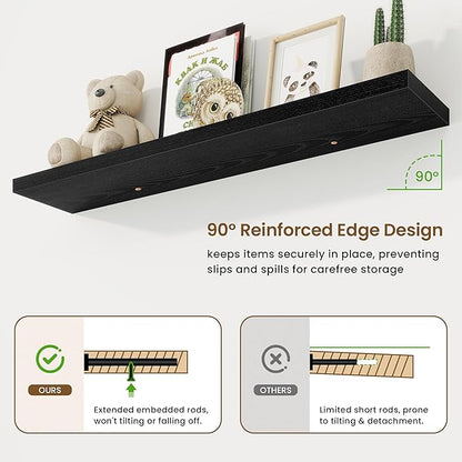 48in Floating Shelves for Wall, 48"W x 9.25"D x 1.25"H, 2 Pack Long Wall Mounted Engineered Wood Shelves with Invisible Brackets for Living Room, Bedroom, Bathroom, Kitchen Decor and Storage, Black