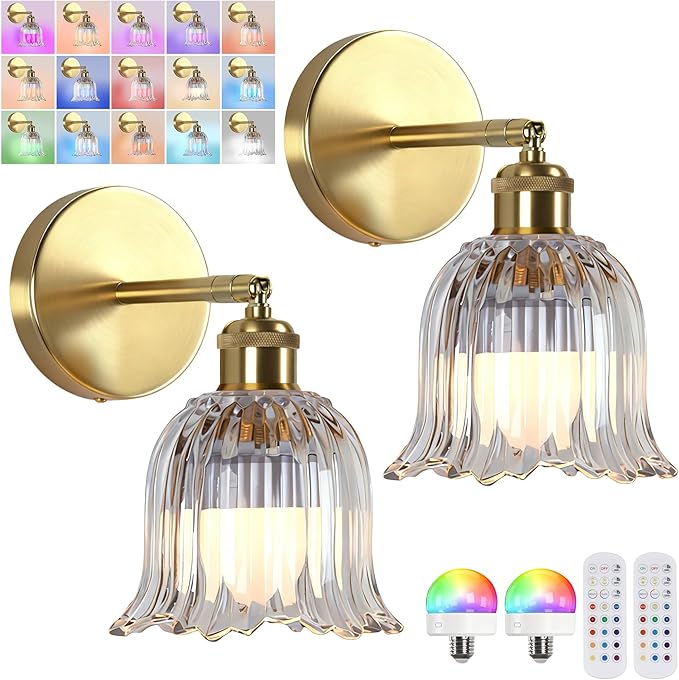 Vintage Battery Operated Wall Sconce with Transparent Stripe Glass Lampshade Rechargeable Battery Powered Wall Light with Remote Control for Bedside Bedroom Bathroom, Set of 2