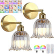 Vintage Battery Operated Wall Sconce with Transparent Stripe Glass Lampshade Rechargeable Battery Powered Wall Light with Remote Control for Bedside Bedroom Bathroom, Set of 2
