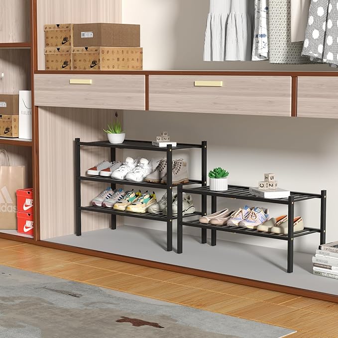 3 Tier Bamboo Shoe Rack for Closet Free Standing Wood Shoe Shelf Storage Organizer for Entryway Small Space Stackable 27