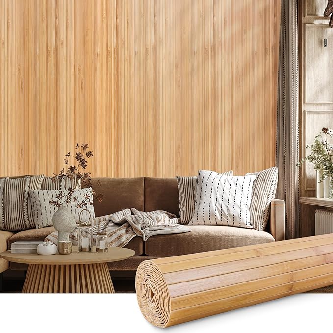 FONUNO Bamboo Wall Panel for Interior Decoration Bamboo Pole Wrap Roll Natural Wainscoting Paneling Decorative Wall Slat Covering for Living Room, Bedroom, Office (12 Inch x 96 Inch, Carbonized)