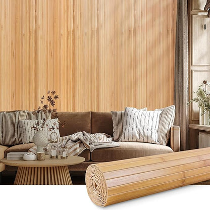 FONUNO Bamboo Wall Panel for Interior Decoration Bamboo Pole Wrap Roll Natural Wainscoting Paneling Decorative Wall Slat Covering for Living Room, Bedroom, Office (12 Inch x 96 Inch, Carbonized)