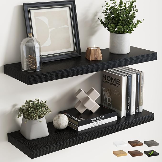 30 Inch Floating Shelves for Wall Set of 2, 8"D Wood Grain Bathroom Shelves with Invisible Brackets, Easy Install Engineered Wood Storage Shelves for Kitchen, Living Room, Bedroom, Black Finish