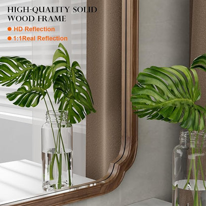 WallBeyond 30" x 40" Wood Bathroom Mirror for Wall Mounted, Rustic Rounded Corner Vanity Mirror for Entryway, Living Room or Bedroom Home Decorative [30" x 40" Walnut Color]