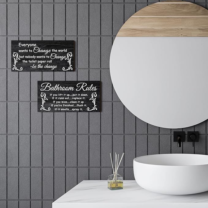 Jetec 2 Pieces Funny Bathroom Signs Bathroom Wall Decor Toilet Wall Accessories Farmhouse Toilet Rustic Wooden Signs, 12x6 Inch(Dark Style)