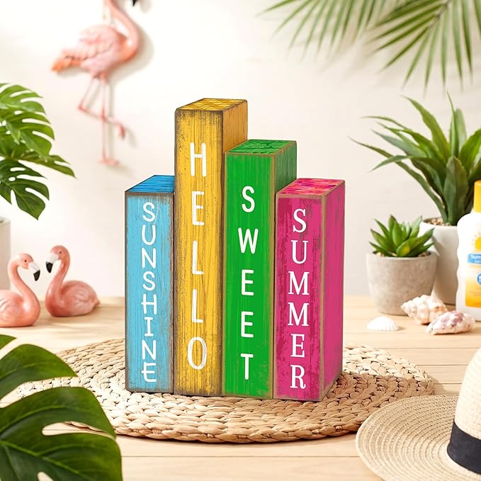 4 Pcs Summer Table Decoration Wooden Book Hawaii Beach Decoration Blue Yellow and Red Summer Tiered Tray Decor Wood Book Sign Farmhouse for Hawaii Party Home Shelf Coffee Table