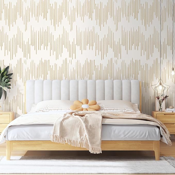WENMER Beige Wallpaper, Modern Peel and Stick Wallpaper, Striped Wallpaper, Beige Geometric Wallpaper, 17.7''×394'' Contact Paper, Beige Self Adhesive Removable Wallpaper for Bathroom Cabinets Kitchen