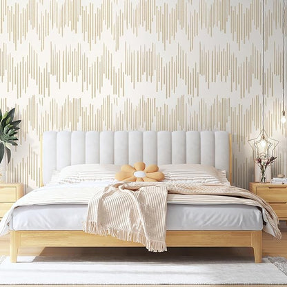 WENMER Beige Striped Wallpaper, Geometric Peel and Stick Wallpaper, 17.7''×118'' Gold Contact Paper, Beige Self Adhesive Removable Wall Paper for Bathroom Cabinets Kitchen