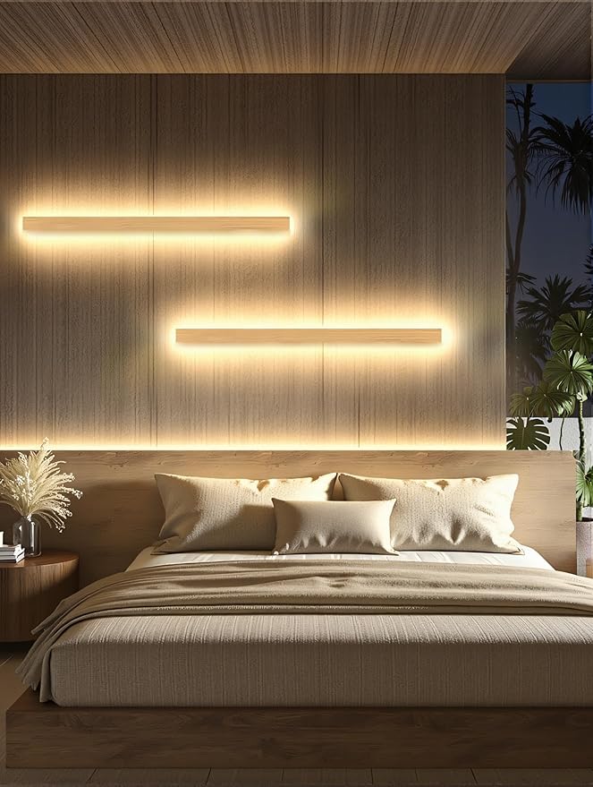 1 Pack Modern Plug in Long Wall Sconce 23.6‘’ LED Bamboo Wall Lights 18W Long Strip Indoor Wall Lamp 3000K with 6.5FT Plug in Cord and On/Off Switch on The Cord for Living Room Hallway Stairwell