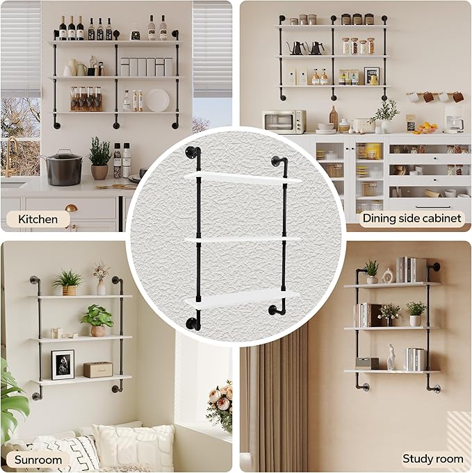 3-Tier Industrial Pipe Floating Shelf – Rustic 30 inch Wood Wall-Mounted Storage Shelf for Kitchen Office,Bathroom & Home Decor -White