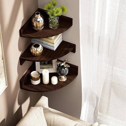 Alsonerbay Corner Shelf Wall Mount, Set of 3 Floating Shelves for Storage and Display, Rustic Wood Shelves for Bedroom, Kitchen, Living Room, Nursery and Office (Dark Brown)