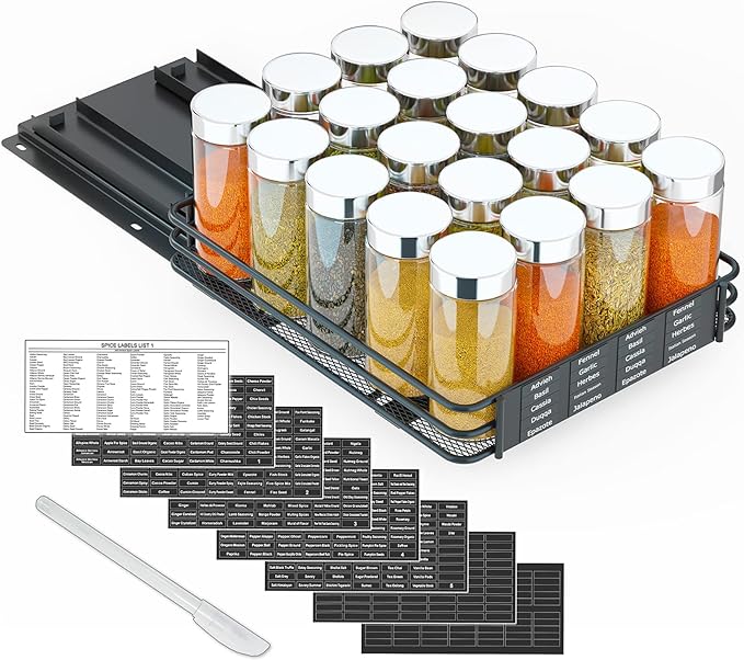 SpaceAid Pull Out Spice Rack Organizer for Cabinet, Heavy Duty Slide Out Seasoning Kitchen Organizer, Cabinet Organizer, with Labels and Chalk Marker, 8.5