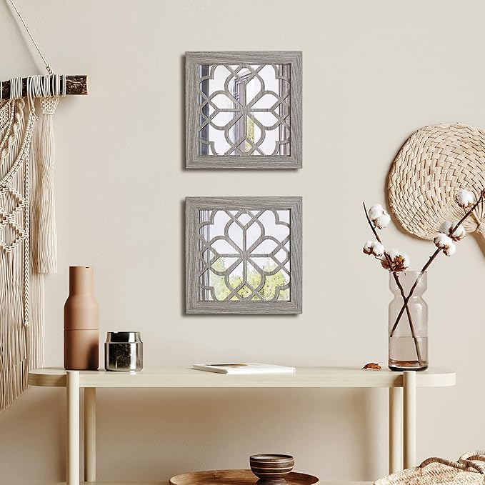 2 PCS Square Rustic Wall Mirror, Farmhouse Wall Mirrors Decorative Brown Wall Mirror for Bedroom Entry Living Room Dining Room (12”x12”)