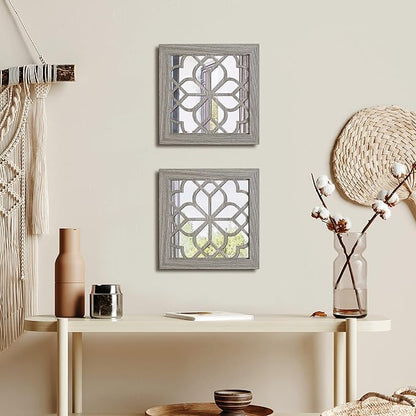 2 PCS Square Rustic Wall Mirror, Farmhouse Wall Mirrors Decorative Brown Wall Mirror for Bedroom Entry Living Room Dining Room (12”x12”)
