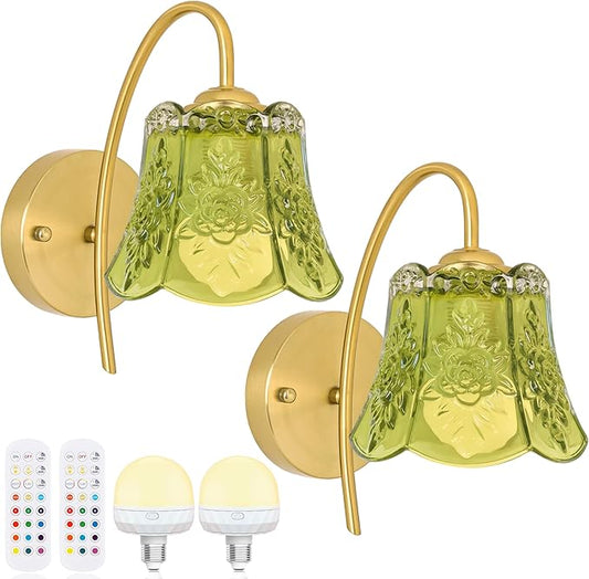 Vintage Battery Wall Sconce with Flower lampshade,Rechargeable Battery Powered Wall Lights,Wall lamp with 15 Colors for Bedroom Living Room Home Decor (Green Rose, 2 Light Battery Operated)