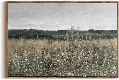 OIQArtOIQ Vintage Framed Wall Art Wildflower Field Meadow Canvas Art Prints Rustic Farmhouse Landscape Pictures Wall Decor Modern Cottagecore Paintings Artwork For Bedroom Bathroom Office Living Room